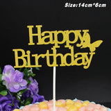 Happy Birthday Cake Topper Colour Printed Acrylic Party Decorations - Gold-Butterfly