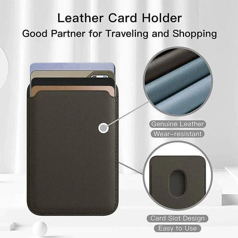 Leather Card Holder Wallet Pocket for iPhone 14 13 Pro Max with Snap-On Attachment - Black