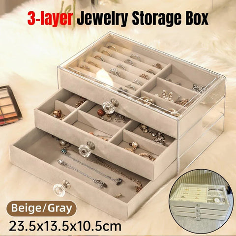 Three Layer Flannel Jewelry Storage Box Dustproof Drawer Organizer for Earrings - Grey