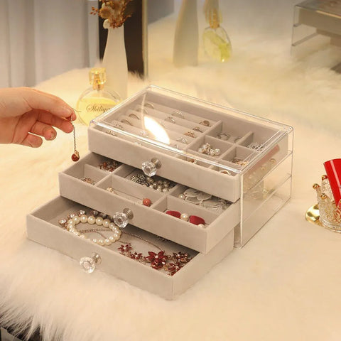 Three Layer Flannel Jewelry Storage Box Dustproof Drawer Organizer for Earrings - Grey