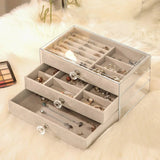 Three Layer Flannel Jewelry Storage Box Dustproof Drawer Organizer for Earrings - Grey