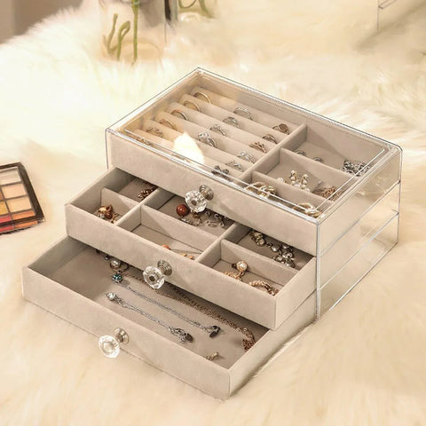 Three Layer Flannel Jewelry Storage Box Dustproof Drawer Organizer for Earrings - Grey