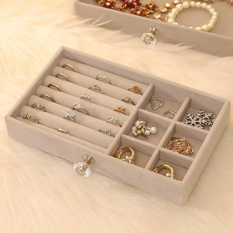 Three Layer Flannel Jewelry Storage Box Dustproof Drawer Organizer for Earrings - Grey