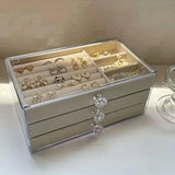 Three Layer Flannel Jewelry Storage Box Dustproof Drawer Organizer for Earrings - Grey