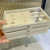 Three Layer Flannel Jewelry Storage Box Dustproof Drawer Organizer for Earrings - Grey