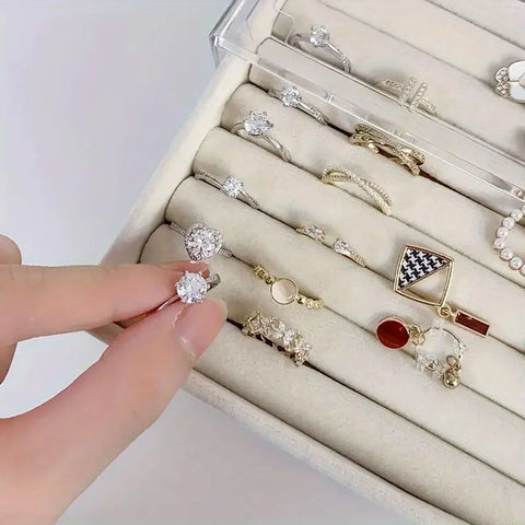 Three Layer Flannel Jewelry Storage Box Dustproof Drawer Organizer for Earrings - Grey