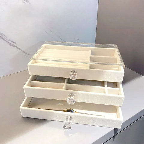 Three Layer Flannel Jewelry Storage Box Dustproof Drawer Organizer for Earrings - Grey