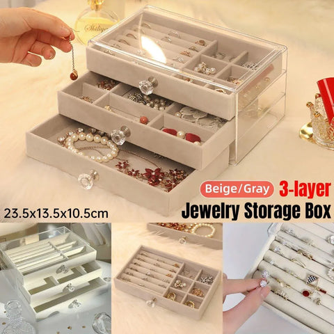 Three Layer Flannel Jewelry Storage Box Dustproof Drawer Organizer for Earrings - Grey