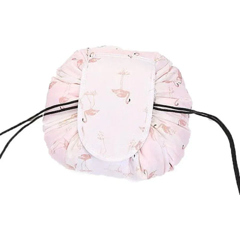 Portable Travel Makeup Bag Drawstring Cosmetic Pouch Lazy Storage Organiser Case - White Flamingo