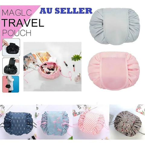 Portable Travel Makeup Bag Drawstring Cosmetic Pouch Lazy Storage Organiser Case - White Flamingo