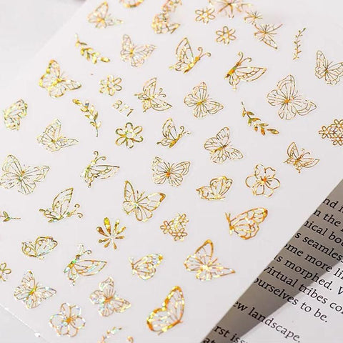 3D Nail Butterfly Design Sticker Decor Decal Holographic Laser Nail Art Sticker - Gold L-04