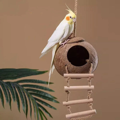 Natural Coconut Bird Nest Cage Pet Parrot Parakeet Safe Hut Feeder Shell Home - Rope type