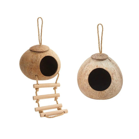 Natural Coconut Bird Nest Cage Pet Parrot Parakeet Safe Hut Feeder Shell Home - Stairs type