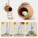 Natural Coconut Bird Nest Cage Pet Parrot Parakeet Safe Hut Feeder Shell Home - Stairs type