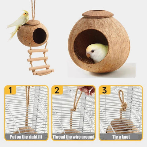 Natural Coconut Bird Nest Cage Pet Parrot Parakeet Safe Hut Feeder Shell Home - Stairs type