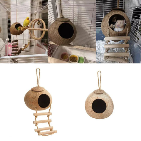 Natural Coconut Bird Nest Cage Pet Parrot Parakeet Safe Hut Feeder Shell Home - Stairs type
