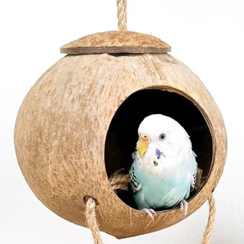 Natural Coconut Bird Nest Cage Pet Parrot Parakeet Safe Hut Feeder Shell Home - Stairs type