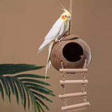 Natural Coconut Bird Nest Cage Pet Parrot Parakeet Safe Hut Feeder Shell Home - Stairs type