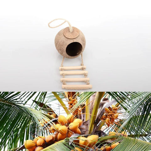 Natural Coconut Bird Nest Cage Pet Parrot Parakeet Safe Hut Feeder Shell Home - Stairs type