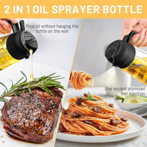 2-in-1 470ml Glass Oil Bottle Spray Pour Automatic Pressure Control Kitchen Tool - Black