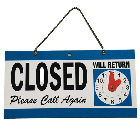 Open Closed Sign with Will Return Clock for Business Shops and Home Use 29x15cm