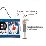 Open Closed Sign with Will Return Clock for Business Shops and Home Use 29x15cm