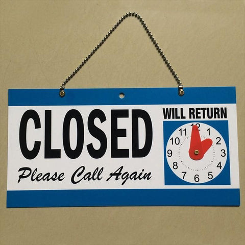 Open Closed Sign with Will Return Clock for Business Shops and Home Use 29x15cm