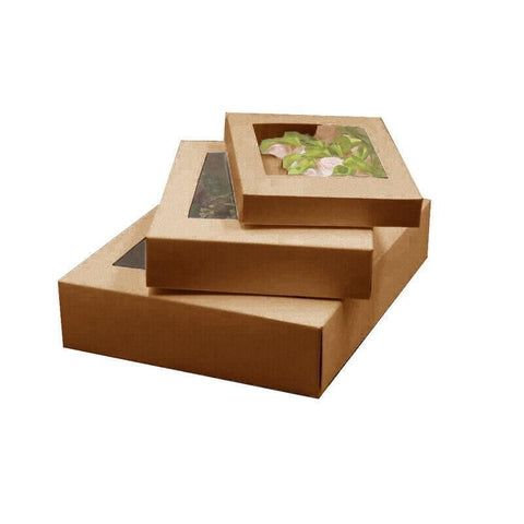 10 Pack Kraft Paper Boxes with Window Disposable Cardboard Gift Catering Trays - 20X15X5CM