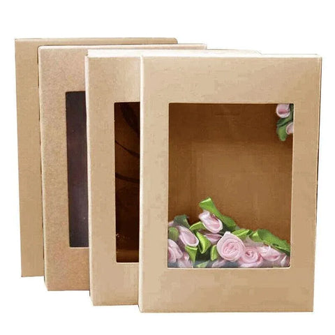 10 Pack Kraft Paper Boxes with Window Disposable Cardboard Gift Catering Trays - 20X15X5CM