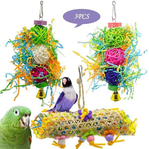 3PCS Bird Parrot Shredding Toys Chewing Foraging Hanging Cage Shredder Bell Toys