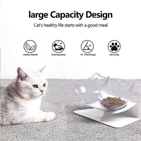 Double Cat Dog Bowl Elevated Pet Feeder Stand Raised Food Water Feeding Dish - Black+Black