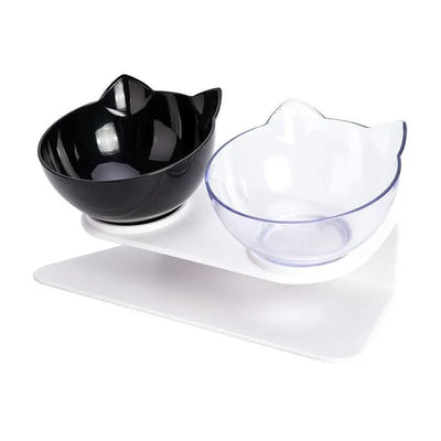 Double Cat Dog Bowl Elevated Pet Feeder Stand Raised Food Water Feeding Dish - Black+Transparency
