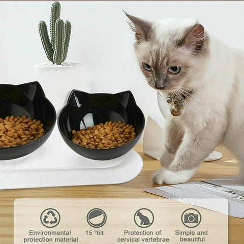 Double Cat Dog Bowl Elevated Pet Feeder Stand Raised Food Water Feeding Dish - Black+Transparency