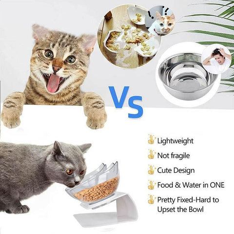 Double Cat Dog Bowl Elevated Pet Feeder Stand Raised Food Water Feeding Dish - Black+Transparency