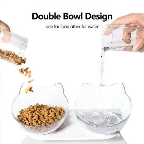 Double Cat Dog Bowl Elevated Pet Feeder Stand Raised Food Water Feeding Dish - Black+Transparency