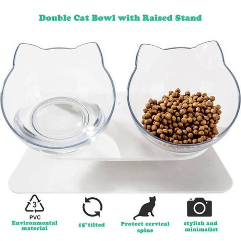 Double Cat Dog Bowl Elevated Pet Feeder Stand Raised Food Water Feeding Dish - Black+Transparency