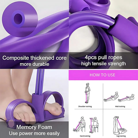 Multi-Function Exercise Tension Rope Foot Pedal Resistance Fitness Pull Bands - Pink