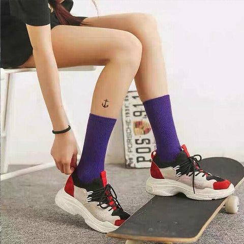 Olid Pure Colour Formal Socks Cotton Fashion Casual Breathable Crew Socks - Blue 2 Pairs