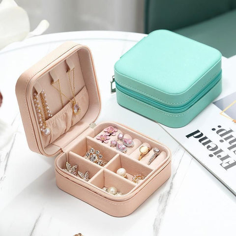 Travel Jewelry Organizer Box Portable Leather Storage Ornaments Ring Earrings - Pink (10x10x5cm)
