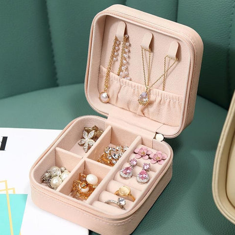 Travel Jewelry Organizer Box Portable Leather Storage Ornaments Ring Earrings - Pink (10x10x5cm)