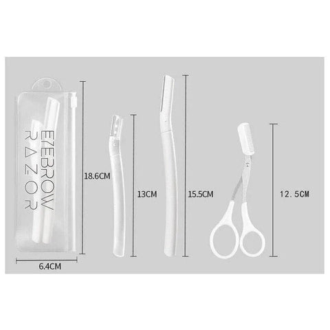 3Pcs Eyebrow Razor Set Facial Trimmer Shaver Blade Hair Remover Beauty Tool - Short+Long Eyebrow Razor+Eyelash Curler-Clear