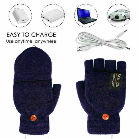 USB Heated Half Finger Gloves Winter Warm Knitted Gloves for Typing and Office Use - Blue