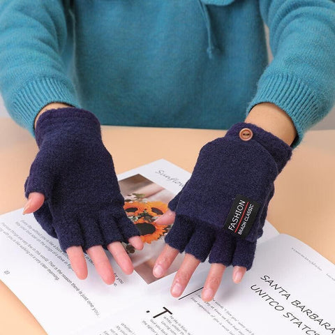 USB Heated Half Finger Gloves Winter Warm Knitted Gloves for Typing and Office Use - Blue