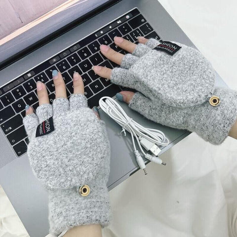USB Heated Half Finger Gloves Winter Warm Knitted Gloves for Typing and Office Use - Blue