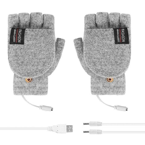 USB Heated Half Finger Gloves Winter Warm Knitted Gloves for Typing and Office Use - Grey