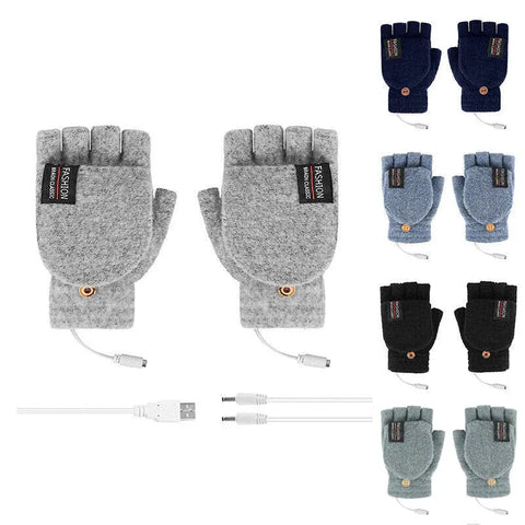 USB Heated Half Finger Gloves Winter Warm Knitted Gloves for Typing and Office Use - Grey