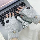 USB Heated Half Finger Gloves Winter Warm Knitted Gloves for Typing and Office Use - Grey