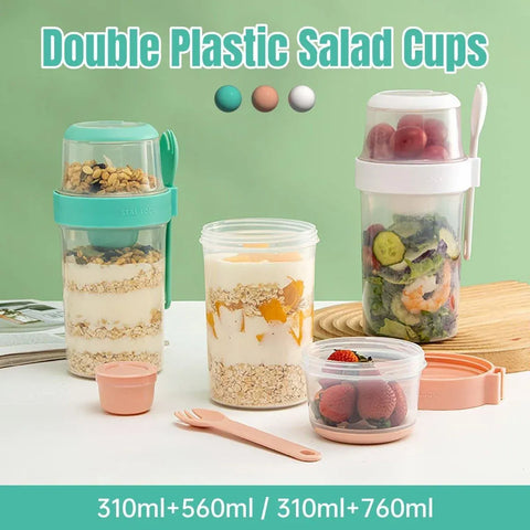Double Plastic Salad Cup with Fork Sealed Breakfast Container for On-the-Go Meal - 760ml-Green