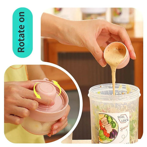 Double Plastic Salad Cup with Fork Sealed Breakfast Container for On-the-Go Meal - 760ml-Green