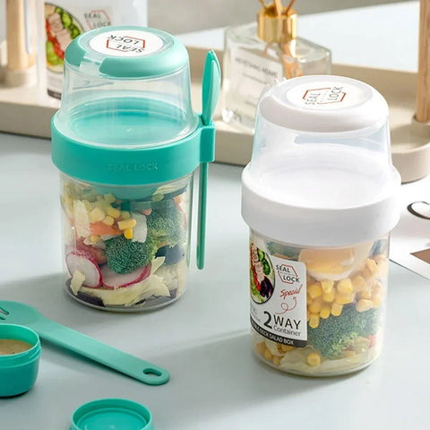 Double Plastic Salad Cup with Fork Sealed Breakfast Container for On-the-Go Meal - 760ml-Green